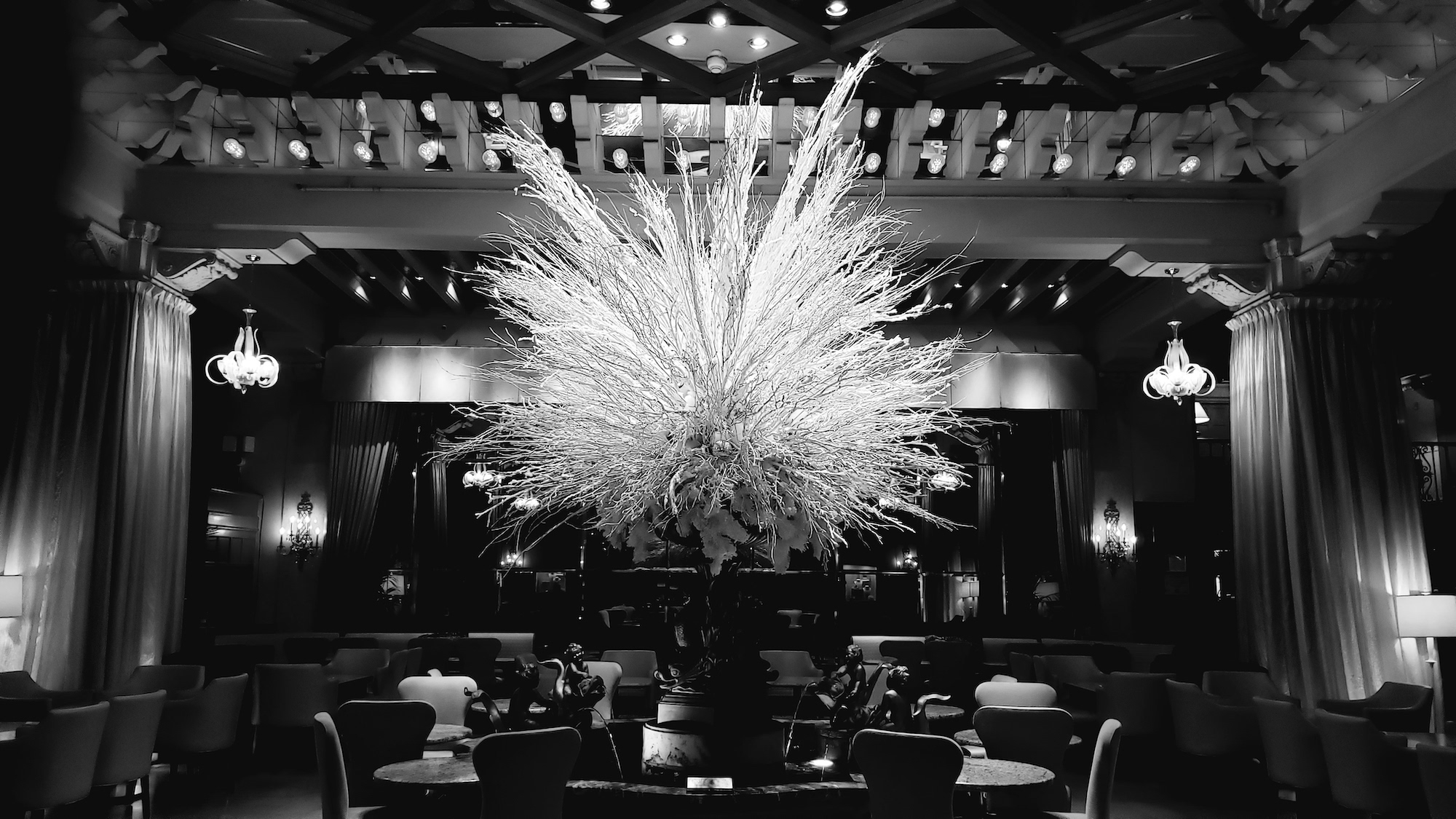 Floral display at Drake Hotel in Chicago photographed in Black and White.