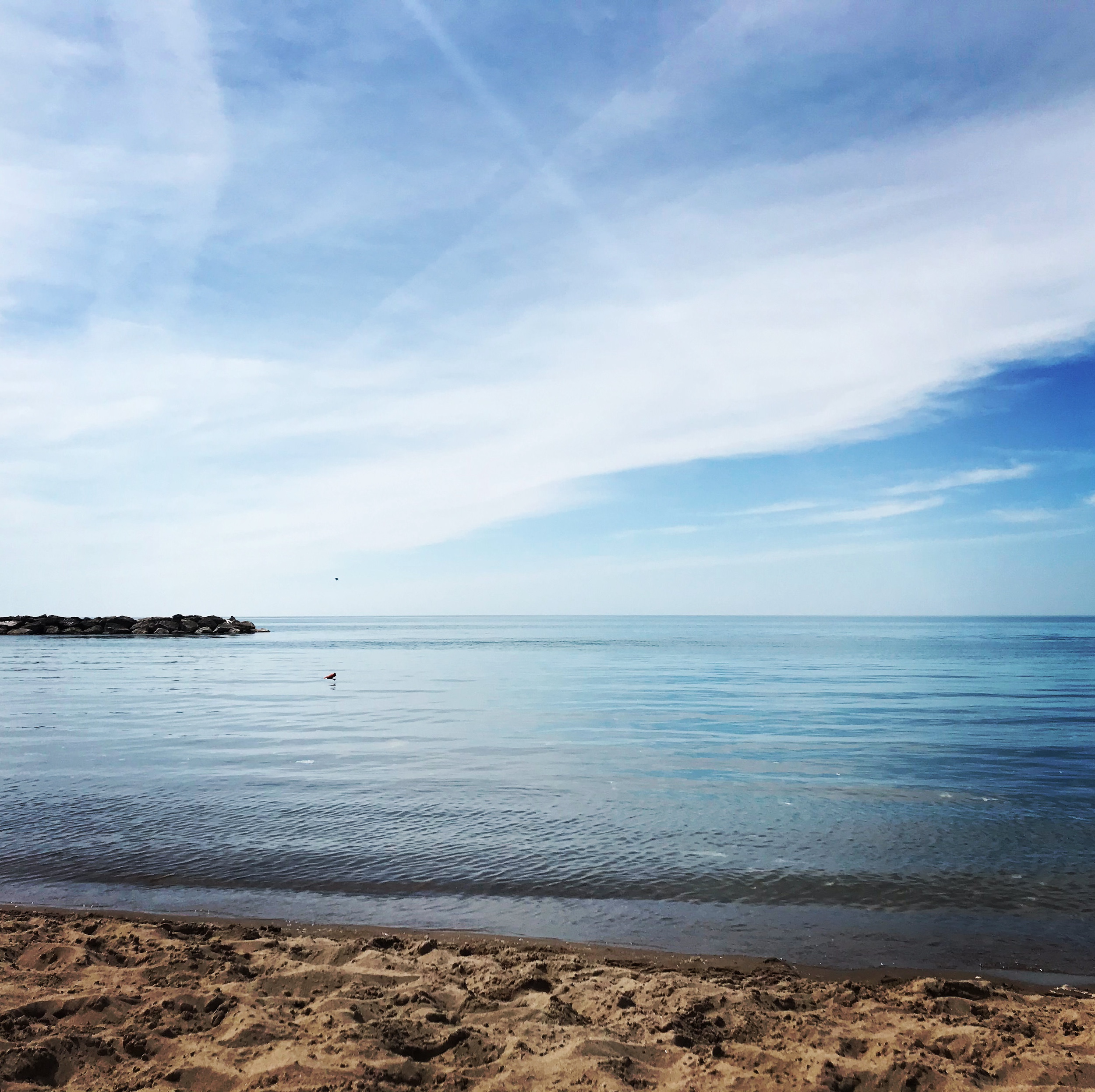 Pictured is the shoreline of Lake Erie. The water is mostly still, a clear blue, with thin clouds and contrails sparsely covering the vibrant blue sky.